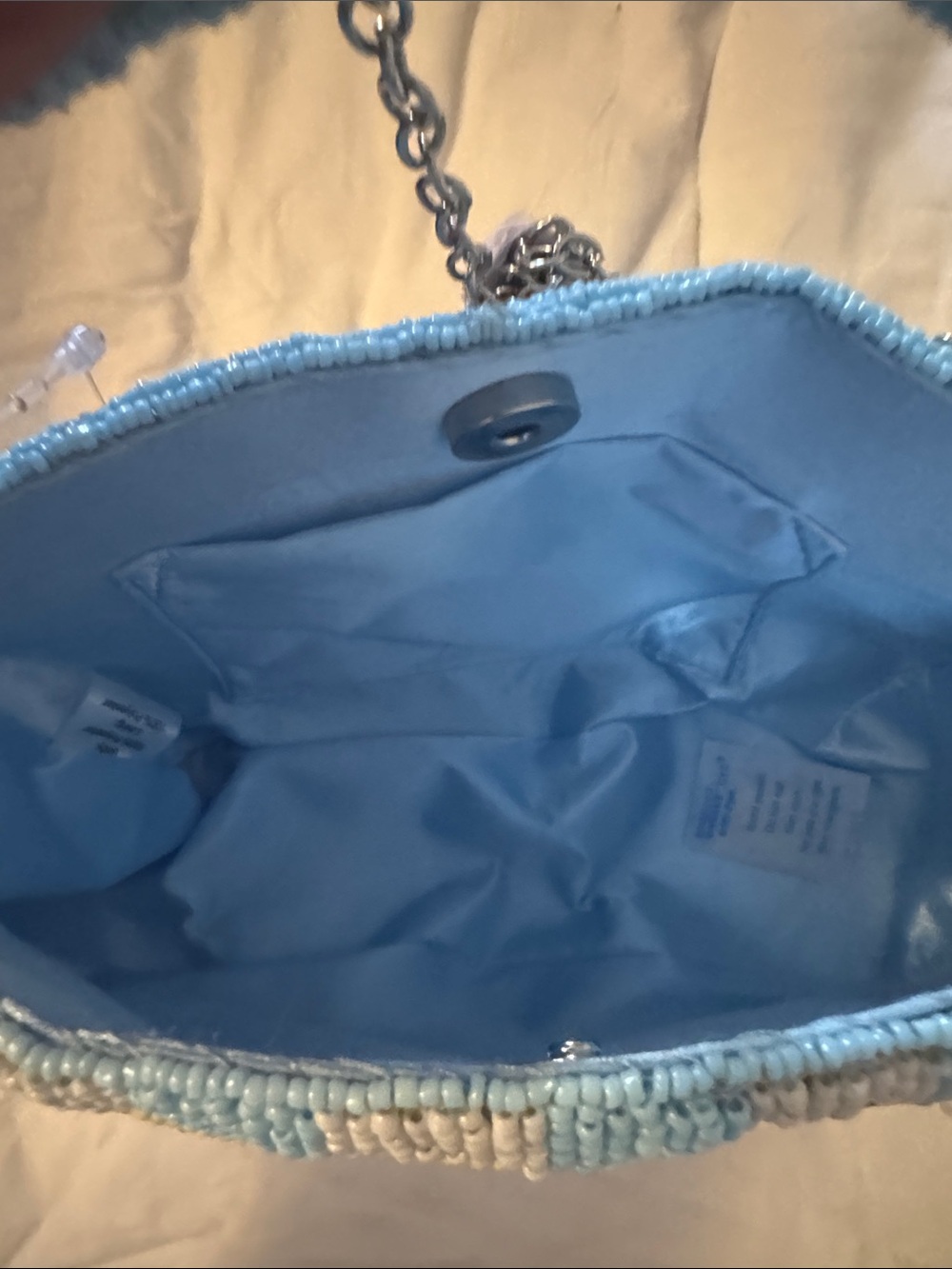 Sol and Mer Beaded Light Blue Striped Top-Handle Bag with Pasta and Tomato Motif - Picture 8 of 9